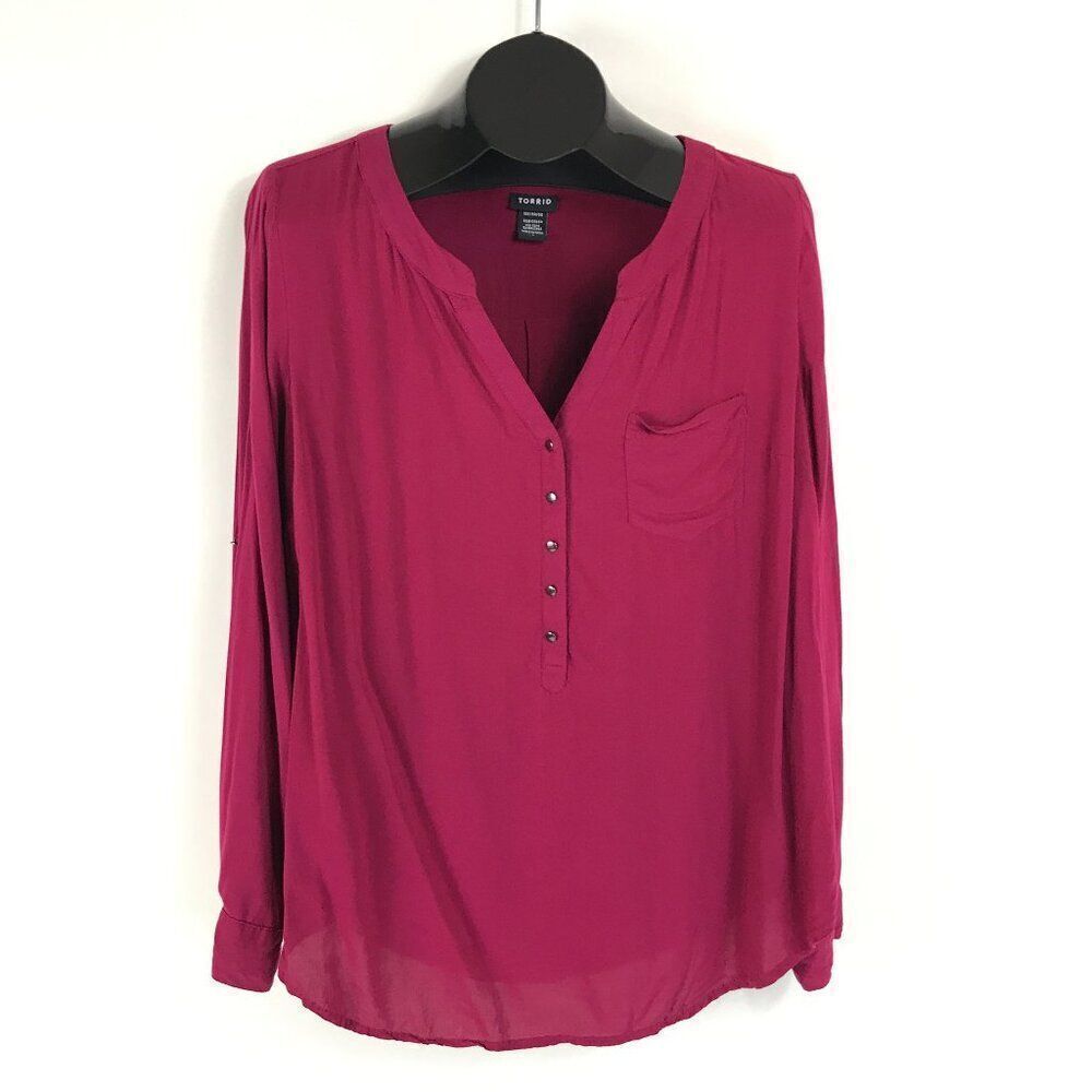 Torrid Split Neck Popover Blouse Women's Plus 1/1X Roll Tab Sleeve Rayon Boho